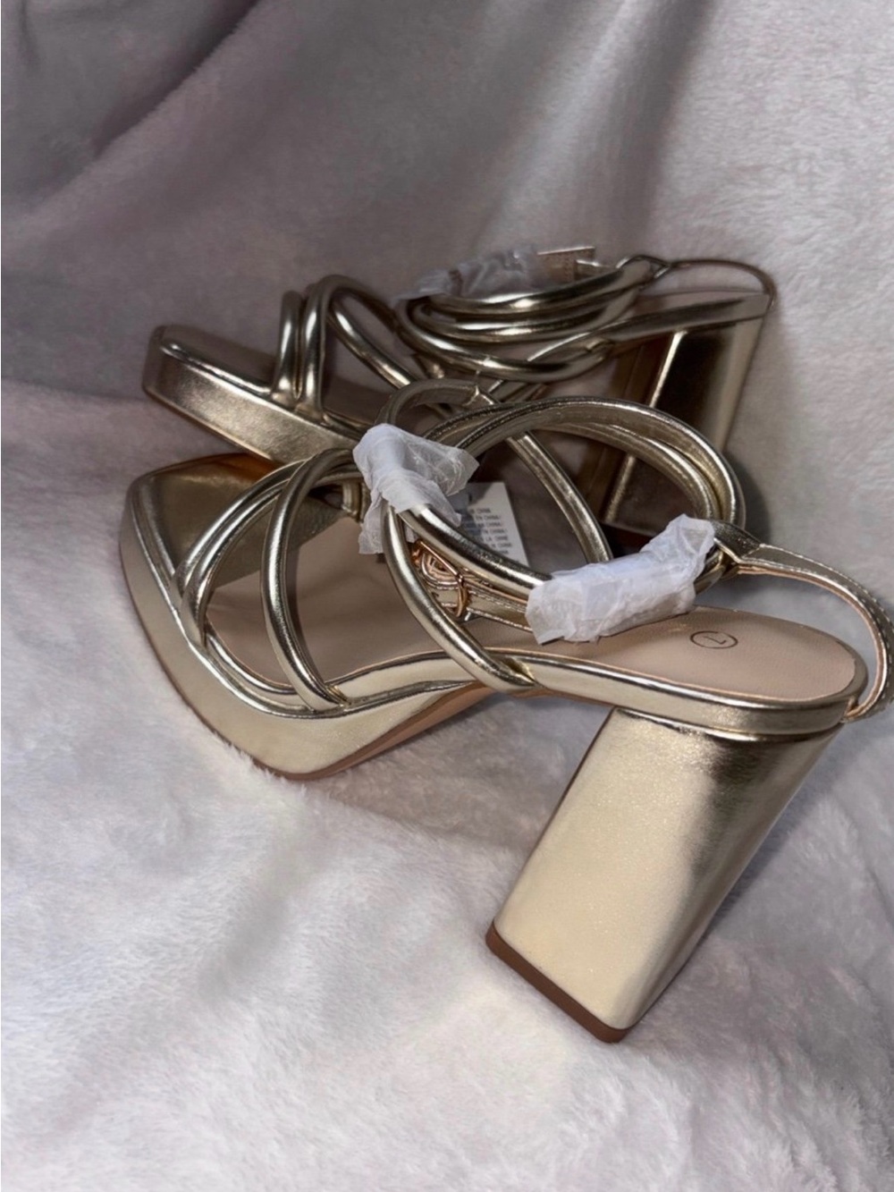 Metallic Gold Strappy Block Heel Sandals for Women